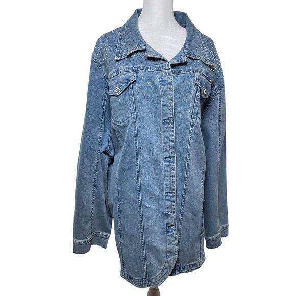 Christine Alexander Extra Long Jean Jacket Embellished Rhinestones women Sz 3X - Picture 1 of 5